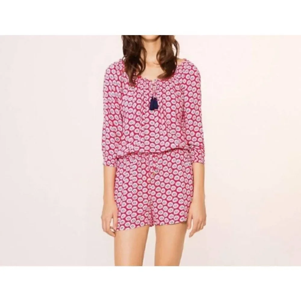 Tory Burch Red White Floral Primrose Nantucket Off Shoulder Romper sz XS